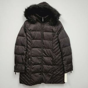 NWT Kenneth Cole womens long puffer jacket coat faux fur Sz L black Polyester
